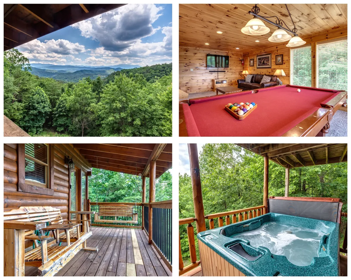 A unique view featuring a pool table and hot tub on a wooden deck, with a stunning mountain view beyond. The space invites both indoor entertainment and outdoor relaxation, capturing the connection to the surrounding nature and the promise of memorable evenings.