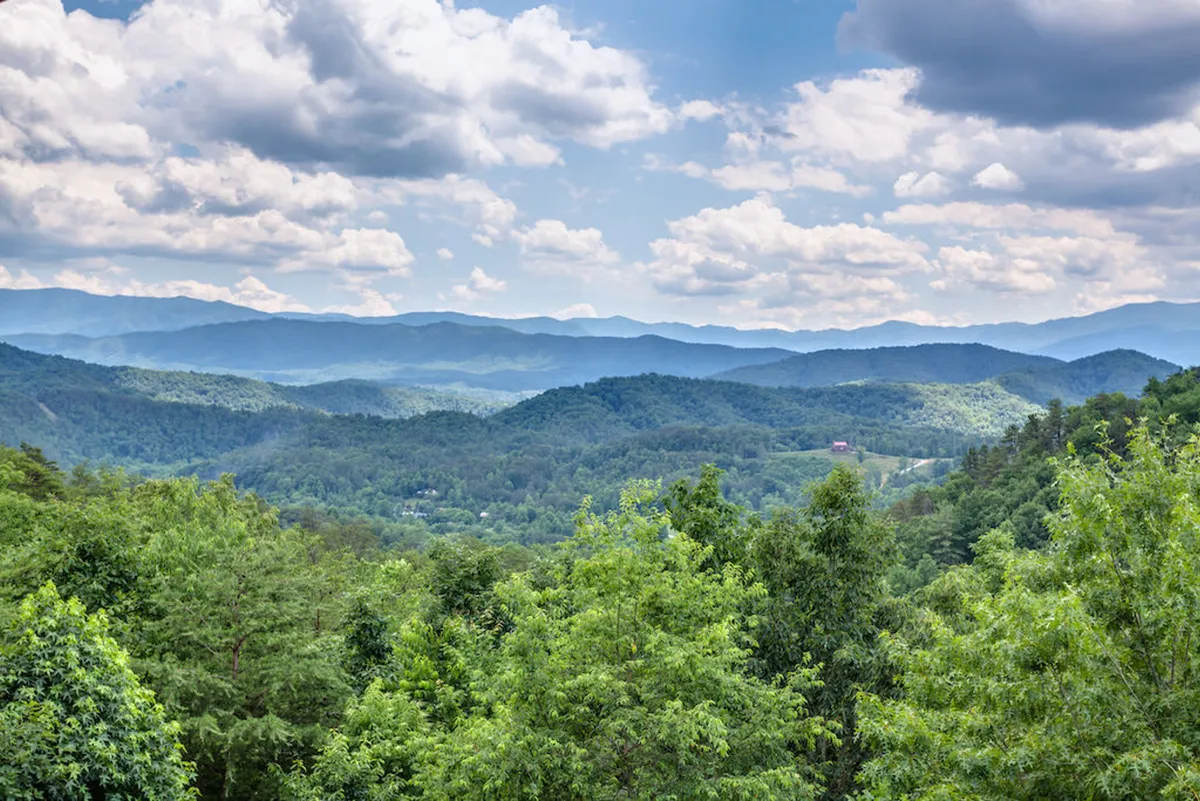 A sweeping view of the Smoky Mountains with lush greenery and a misty, expansive sky. The landscape is breathtaking and invites exploration, adventure, and moments of awe—perfectly aligning with mountain drives or ziplining excursions described in the narrative.